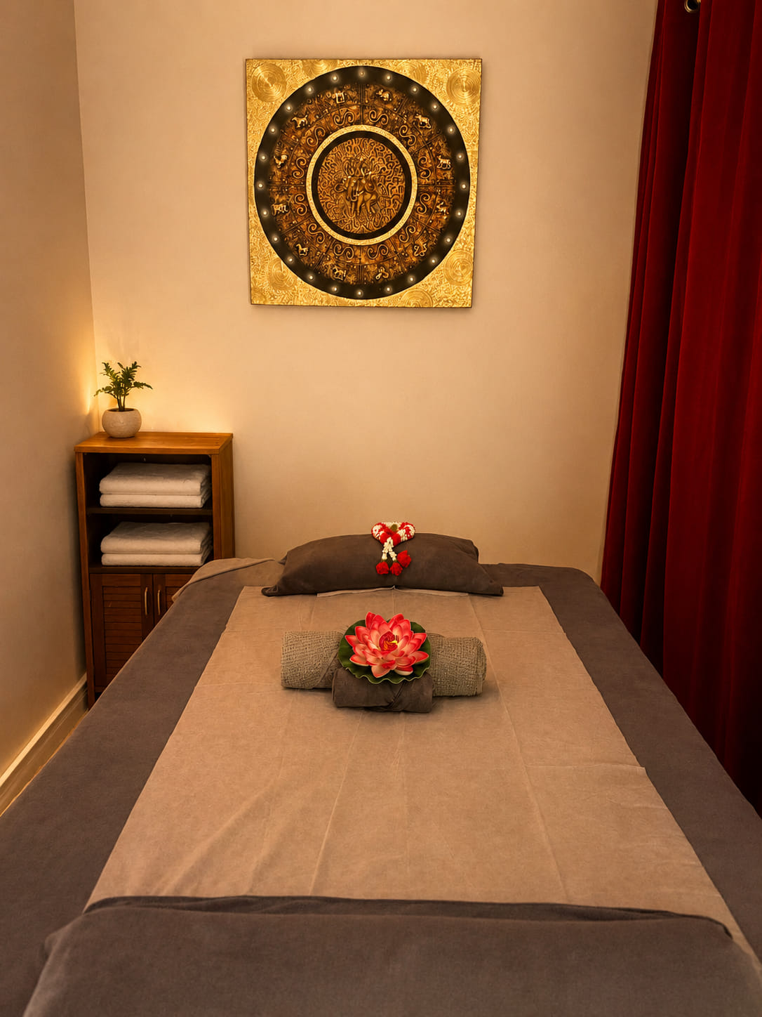 Behandlungsraum mit einer Massageliege und goldenem Wandbild