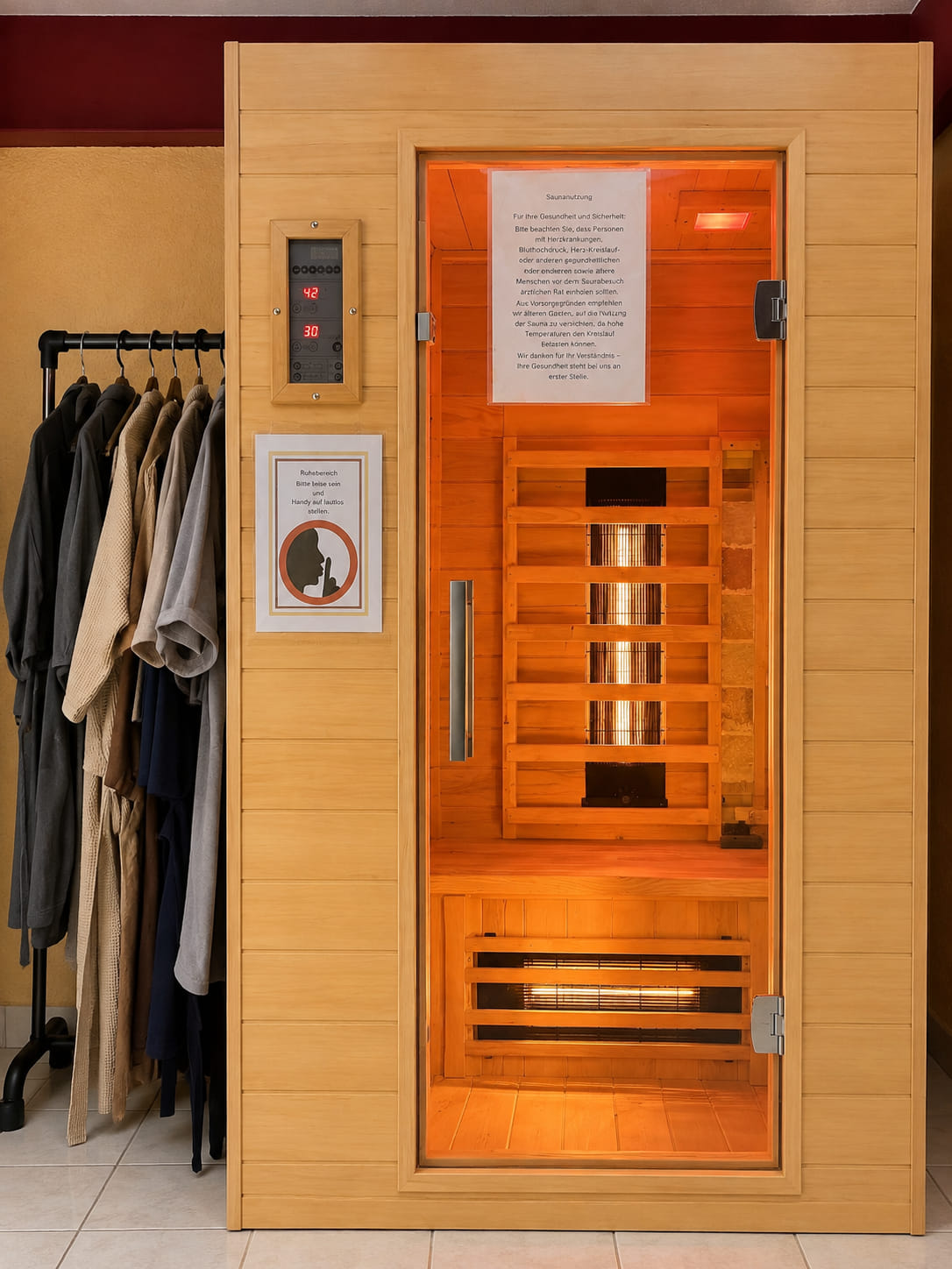 Infrarotsauna mit Bademänteln davor