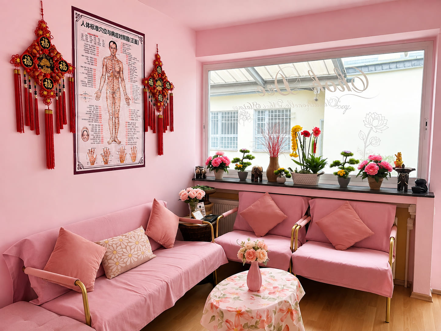 Wartebereich mit rosafarbenen Sofas und Blumen am Fenster